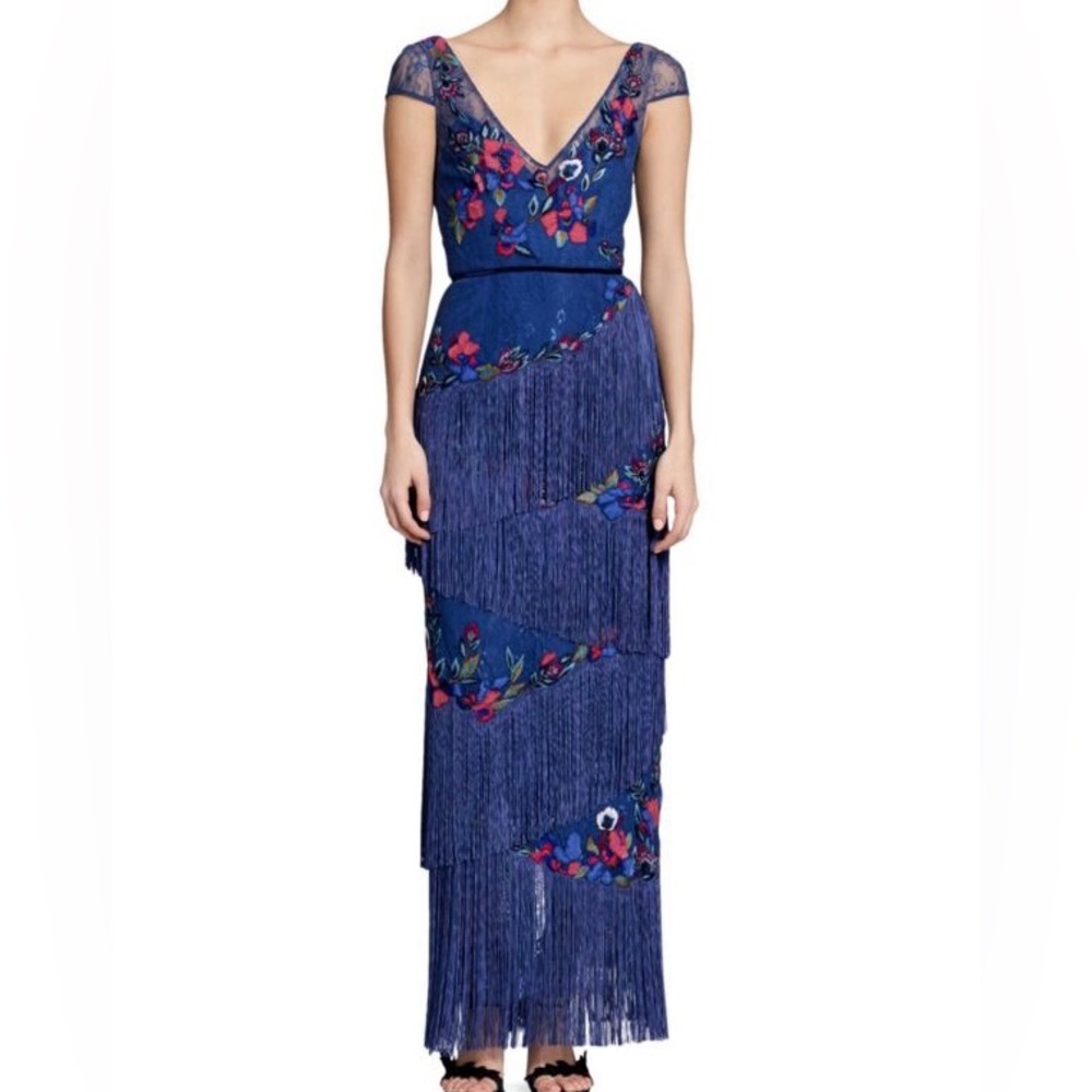 Marchesa Notte Cap Sleeve Velvet Fringe Embroidered Gown